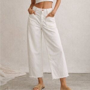 Free People Wide Leg White Frayed Hem Pants